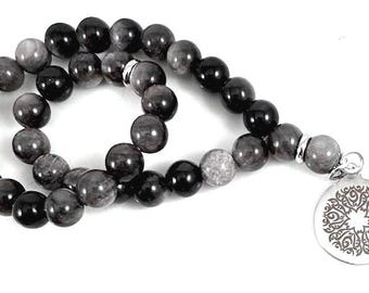 Blauwe sodaliet tasbih en zilveren obsidiaan Ismaili Nur Chuga Tasbih, herentasbih, 33 para tasbih, 33 kralentasbih, roestvrijstalen nur-symbool