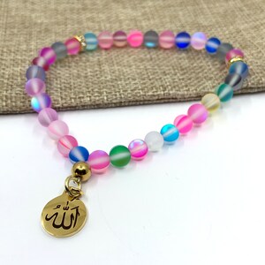 Bunte Perlen Tasbih, gefrostete Mystic Aura Perlen, 6mm Perle Tasbih, natürlicher Edelstein, Benutzerdefinierter Name Tasbih mit Allah Anhänger, 33 Perlen Tasbih