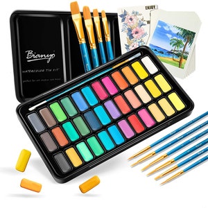 BIANYO 36 Watercolor paint Vibrant Colors Watercolor Paper&10 Brush-Palette for Kids Adults Painting,Coloring, Gift Travel Case