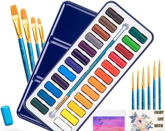 Bianyo Watercolor Paint Set with 24 Colors Watercolor Paper Brush Gift Travel Case Watercolor Set for Students Artists Kids Fun Arts Craft