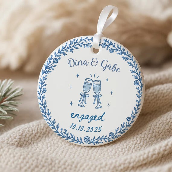 Engagement Ornament 2026, Personalized First Christmas Engaged Ornament, Engagement Gift Basket, Blue Ornament, Ships Today