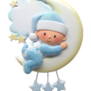Baby On Moon Blue Personalized Christmas Ornament - Babys First Christmas Hanging Ornament