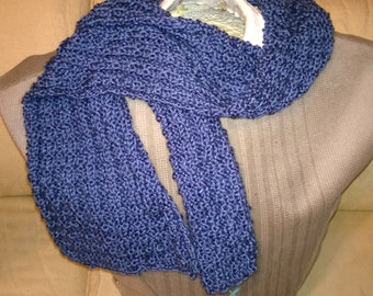 Hand knit scarf, Country Blue, Acrylic yarn, 62 inches, no fringe