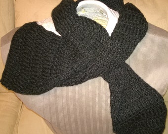 Hand knit scarf, Black, Acrylic yarn, 56 inches, no fringe