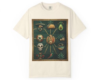 Mexico Icons T-Shirt | Mexican Fiesta Symbols, Taco, Avocado, Skull, Futbol Tee