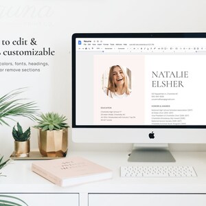 May include: A computer screen displaying a resume template with a photo of a woman smiling. The resume includes the name Natalie Elsher, contact information, education, and honors and awards. The text "Easy to edit & 100% customizable" is displayed above the computer screen.