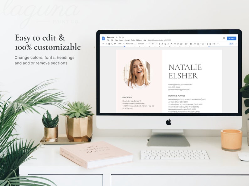 May include: A computer screen displaying a resume template with a photo of a woman smiling. The resume includes the name Natalie Elsher, contact information, education, and honors and awards. The text "Easy to edit & 100% customizable" is displayed above the computer screen.