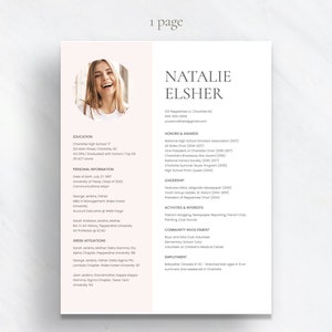 May include: A resume for Natalie Elsher, with a headshot, education, honors and awards, leadership, activities and interests, community involvement, and employment sections. The resume is on a light pink background.