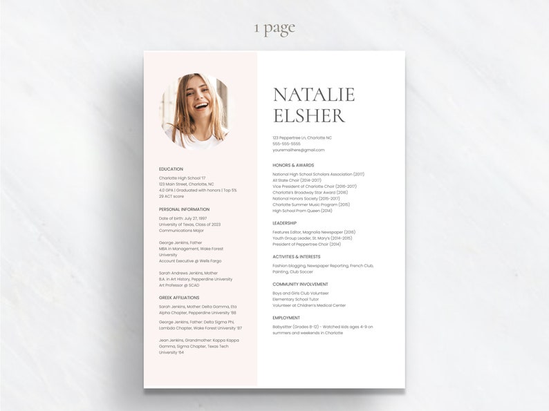 May include: A resume for Natalie Elsher, with a headshot, education, honors and awards, leadership, activities and interests, community involvement, and employment sections. The resume is on a light pink background.