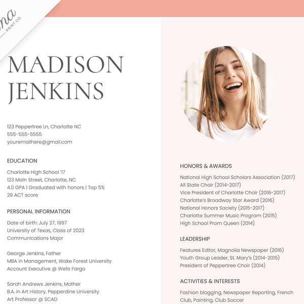 Sorority resume template with Photo, Google Docs, Social Resume, Sorority recruitment resume, Sorority Rush resume with photo, Pink Sorority