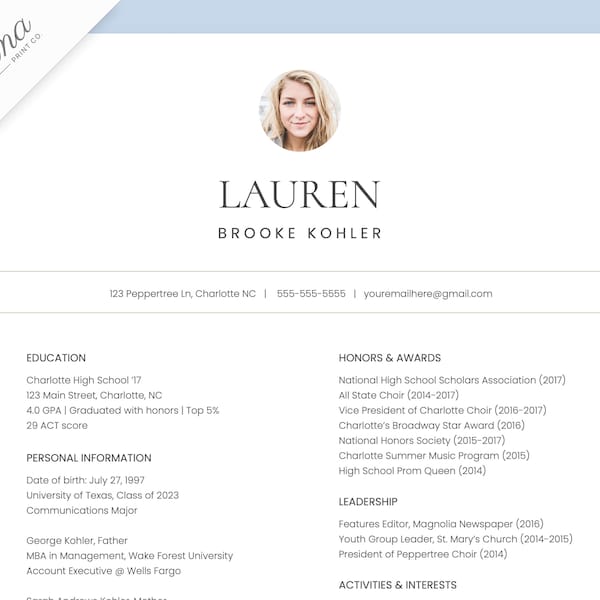 Sorority resume template with Photo, Google Docs, Social Resume, Sorority recruitment resume, Sorority Rush resume with photo