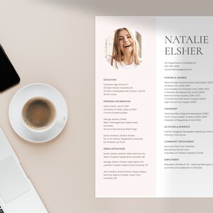 May include: A resume for Natalie Elsher, with a headshot, education, honors and awards, leadership, activities and interests, community involvement, and employment information.