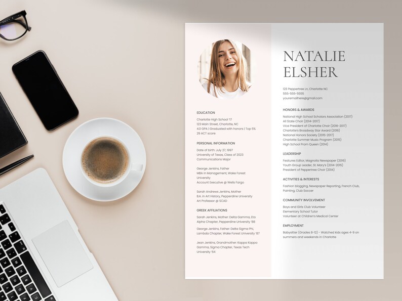 May include: A resume for Natalie Elsher, with a headshot, education, honors and awards, leadership, activities and interests, community involvement, and employment information.