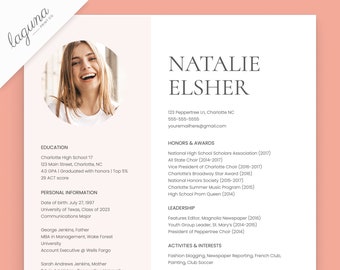 Può includere: Un curriculum vitae per Natalie Elsher, con una foto, informazioni di contatto, istruzione, onori e premi, esperienza di leadership e attività e interessi.