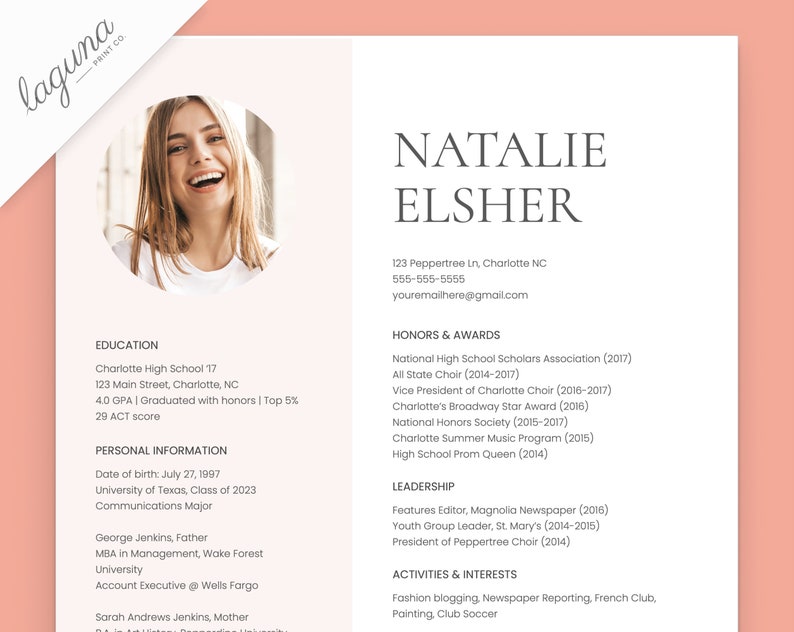 May include: A resume for Natalie Elsher, with a headshot, contact information, education, honors and awards, leadership experience, and activities and interests.