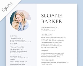 Puede incluir: Una plantilla de currículum con una foto de una mujer. El currículum incluye secciones para educación, información personal, honores y premios, liderazgo y actividades e intereses. El texto incluye el nombre Sloane Barker, información de contacto y detalles sobre su educación, experiencia laboral y actividades extracurriculares.