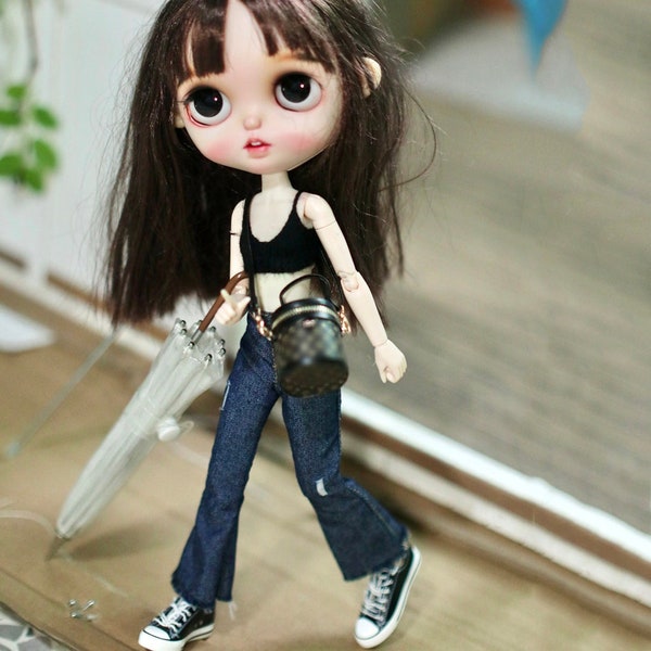 Blythe Doll Clothes - Knitted Crop Top + flared Jeans Pants for neo Blythe Doll OB24 Azone Outfit
