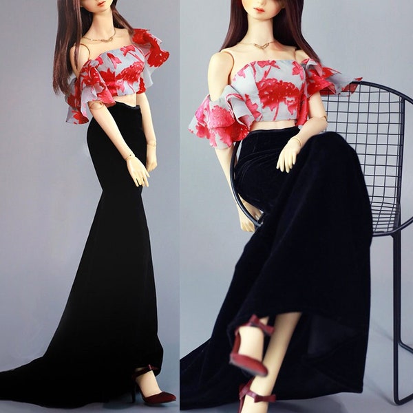 BJD Clothes SD Crop Top shirt with Sleeves + Long Mermaid Skirt for 1/3 BJD Doll Outfit SD16 SD13 SDGr Dollfie Dream