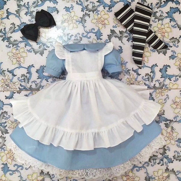 1/3 BJD SD Maid Dress & Headdress Set (Blanco y Azul) - Doble Capa - 1/4 1/6 msd yosd