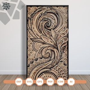 May include: A digital file for laser cutting a decorative wall art design. The design features intricate swirls and floral patterns in shades of brown and black.