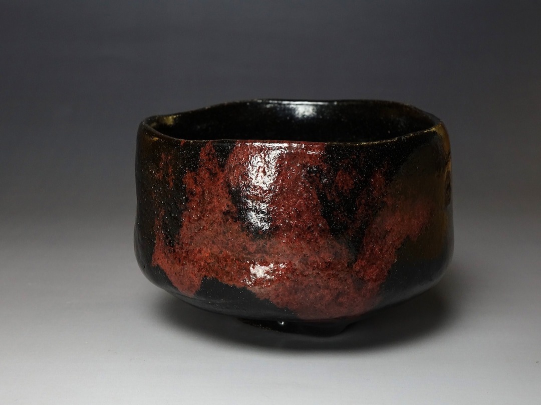 20c Handmade Black Raku Chawan With Red Splashes - Etsy