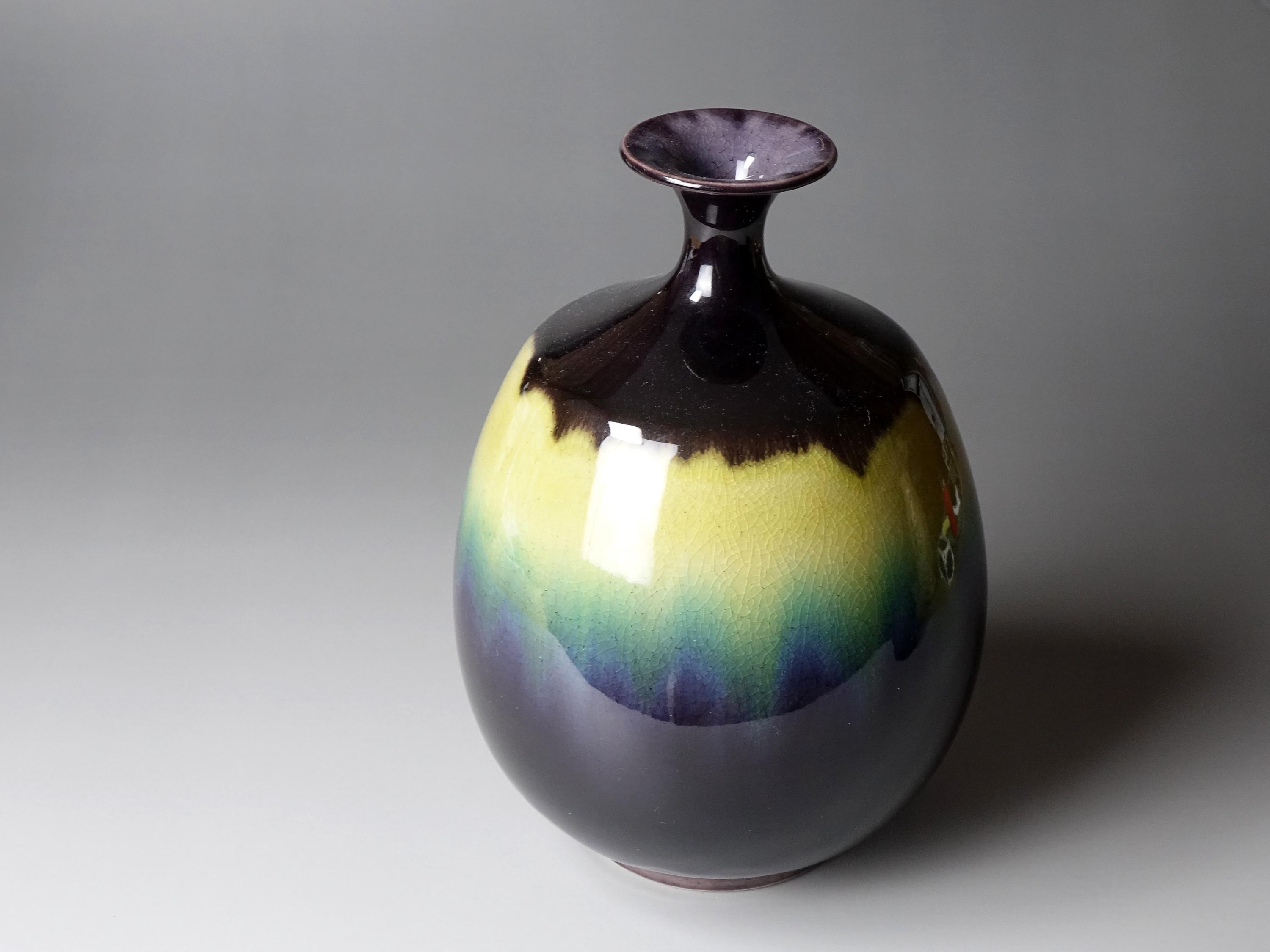 花九谷　花瓶　徳田八十吉風　美品 三代 徳田八十吉（1933-2009）作 九谷焼 花瓶 高さ16cm 箱付 人間国宝