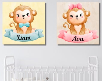 Baby Monkey Nursery Canvas Wall Art Decor for Boys and Girls, Personalized Baby Boy Baby Girl Room Decor Girl Nursery Boy Nursery