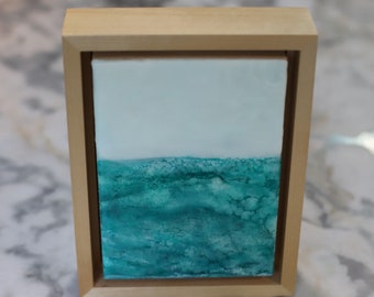 Encaustic Painting with Maple Floater Frame | Abstract Seascape | 16th Anniversary Wax Art | Wax on Cradled Wood Panel | 5” x 7” x 1.5”