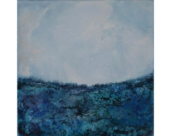 Original Encaustic Painting | Sky Meets Sea | Blue Abstract Ocean Art| Hand Painted Wax on Cradled Wood Panel | 5” x 5" x 1.5”