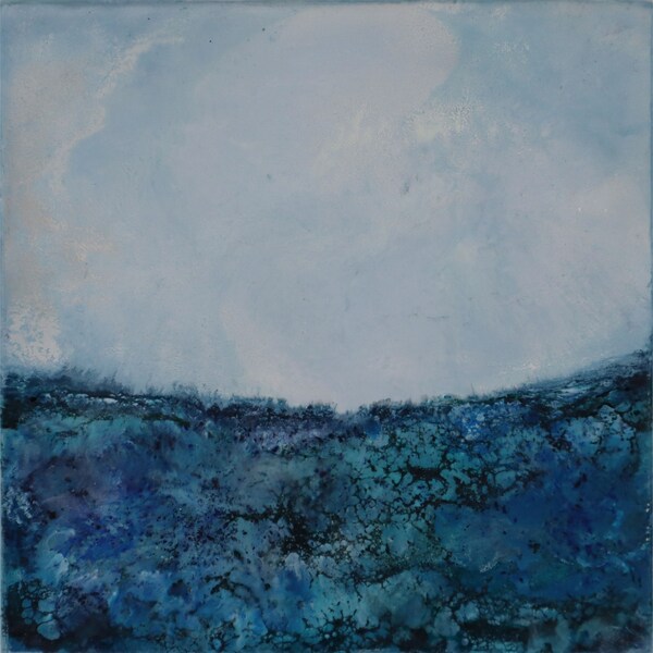 Original Encaustic Painting | Sky Meets Sea | Blue Abstract Ocean Art| Hand Painted Wax on Cradled Wood Panel | 5” x 5" x 1.5”