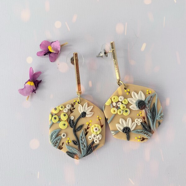 Long Floral Yellow Berries Hexagon Dangle Earrings | Natural Tones | Polymer Clay