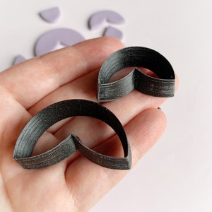 May include: Two black plastic cookie cutters shaped like half circles with a pointed tip. The cutters are held in a hand.
