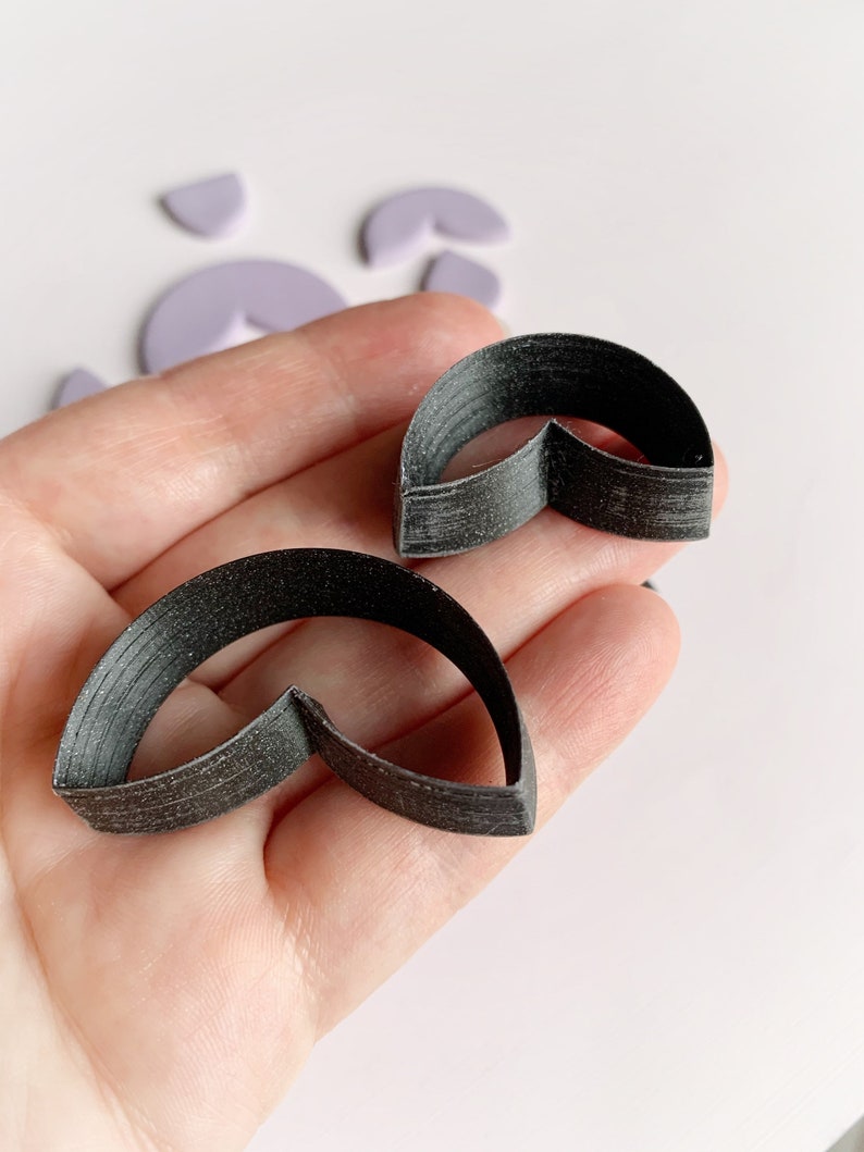 May include: Two black plastic cookie cutters shaped like half circles with a pointed tip. The cutters are held in a hand.
