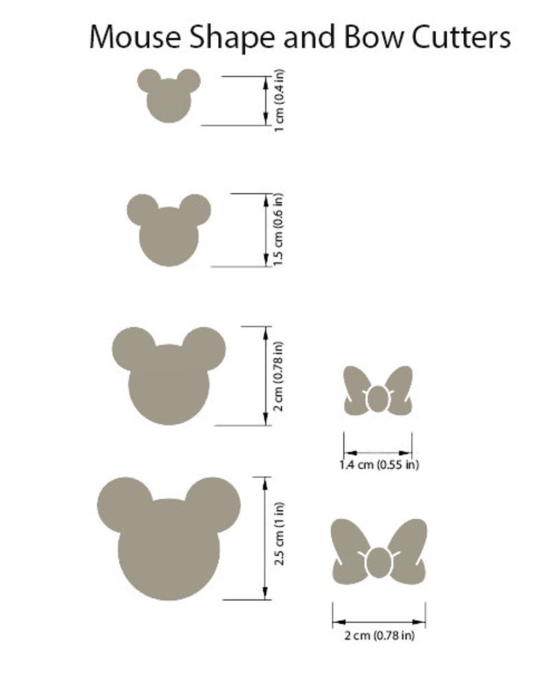 May include: Four different sizes of mouse-shaped cookie cutters and two different sizes of bow-shaped cookie cutters. The mouse cutters are 1 inch, 1.5 inches, 2 inches, and 2.5 inches in size. The bow cutters are 1.4 inches and 2 inches in size.