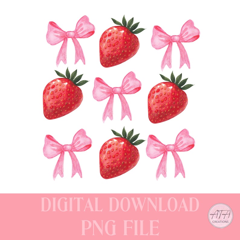 K&ouml;nnte beinhalten: Aquarell-Illustration mit neun Elementen: Erdbeeren und rosa Schleifen. Die Erdbeeren sind rot mit gr&uuml;nen Bl&auml;ttern. Die Schleifen sind zartrosa. Der Text "DIGITAL DOWNLOAD PNG FILE" befindet sich unten.