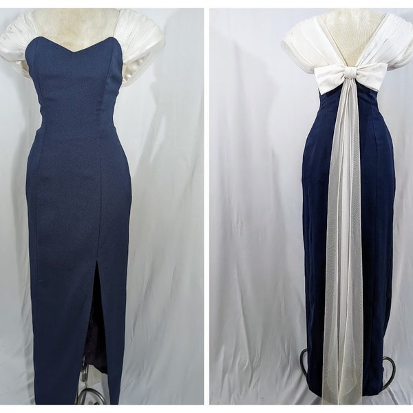 Vintage 1990's Elegant Navy Formal Eveing Dress With White Bow and Ribbons Detail In Back