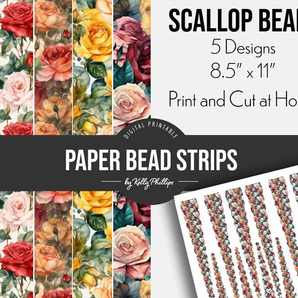 Roses | Printable Digital Paper Bead Strips | Scallop Paper Beads