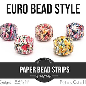 Op de afbeelding: Vijf papieren kralen met bloempatronen worden getoond tegen een witte achtergrond. De kralen hebben verschillende kleuren, waaronder rood, roze, geel en blauw. De tekst "EURO BEAD STYLE" staat bovenaan en "PAPER BEAD STRIPS" in het midden.