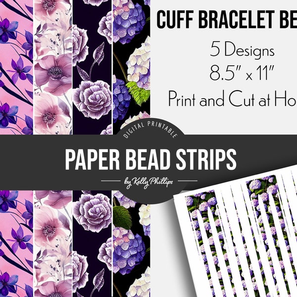 Purple Watercolor Flowers | Printable Digital Paper Strips | Cuff Bracelet Beads