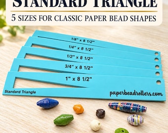 May include: Five light blue plastic paper bead rollers with triangular cutouts, labeled with sizes 1/8 inch by 8 1/2 inches through 1 inch by 8 1/2 inches. The text reads Standard Triangle 5 Sizes For Classic Paper Bead Shapes.