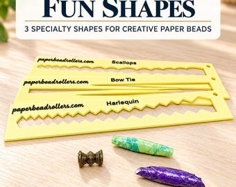 May include: Three yellow plastic paper bead rolling templates labeled Scallops, Bow Tie, and Harlequin with the text paperbeadrollers.com. Includes three finished paper beads in green, purple, and metallic bronze, all featuring Fun Shapes text.