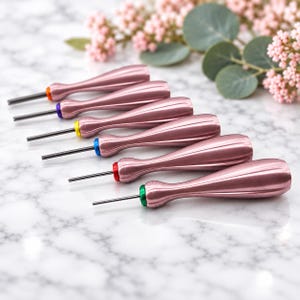 Könnte beinhalten: Ein Set aus sechs Metallahlen mit metallisch roségoldenen Griffen und dünnen Stahlspitzen. Jedes Werkzeug verfügt über einen unterschiedlich farbigen Ring an der Griffbasis, darunter orange, violette, gelbe, blaue, rote und grüne Akzente.