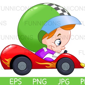 Desenho animado clipart de um menino ou menina feliz dirigindo um carro de corrida, arquivos ai eps png jpg e pdf incluídos, download instantâneo de arquivos digitais.