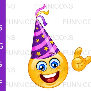 Clipart cartoon van een vrolijke emoticon met een feestmuts en het tonen van het hoornteken, ai eps png jpg pdf-bestanden, downloaden van digitale bestanden.