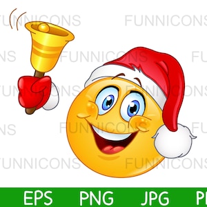 Caricature de Noël clipart d'une émoticône avec un chapeau du Père Noël qui sonne une cloche, fichiers ai eps png jpg et pdf inclus, fichiers numériques à télécharger.