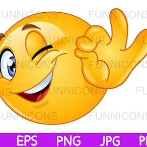 Desenho animado clipart de um emoticon piscando mostrando sinal de ok, arquivos ai eps png jpg e pdf incluídos, download instantâneo de arquivos digitais.