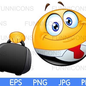 Clipart cartoon of a happy businessman  emoticon holding out a briefcase, ai eps png jpg and pdf files, digital files download.