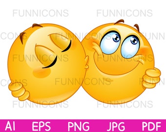 Clipart cartoon of two  emoticons kissing on the cheek and hugging, ai eps png jpg and pdf files included, digital files download.
