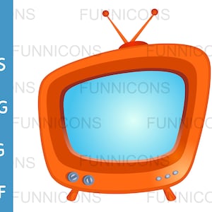 Clipart desenho animado de uma caixa vintage de televisão retrô laranja com tela azul, arquivos ai eps png jpg e pdf, download de arquivos digitais.
