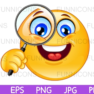 Clipart de um emoticon feliz segurando uma lupa, gesto de pesquisa, ai eps png jpg arquivos pdf incluídos, download de arquivos digitais.